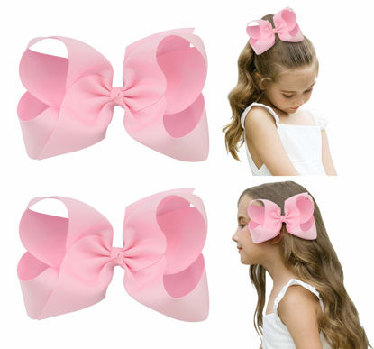 Picture of DEEKA 2 PCS 6" Big Hand-made Grosgrain Ribbon Solid Color Hair Bows Alligator Clips Hair Accessories for Little Teen Toddler Girls Kids Set of 2 -Light Pink