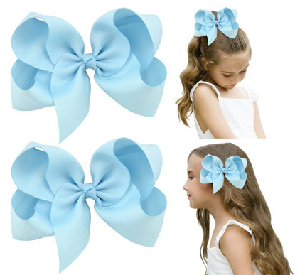 Picture of DEEKA 2 PCS 6" Big Hand-made Grosgrain Ribbon Solid Color Hair Bows Alligator Clips Hair Accessories for Little Teen Toddler Girls Kids Set of 2 -Light Blue