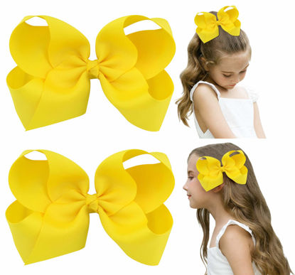 Picture of DEEKA 2 PCS 6" Big Hand-made Grosgrain Ribbon Solid Color Hair Bows Alligator Clips Hair Accessories for Little Teen Toddler Girls Kids Set of 2 -Yellow
