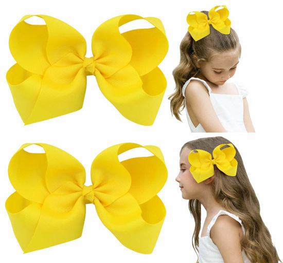 Picture of DEEKA 2 PCS 6" Big Hand-made Grosgrain Ribbon Solid Color Hair Bows Alligator Clips Hair Accessories for Little Teen Toddler Girls Kids Set of 2 -Yellow