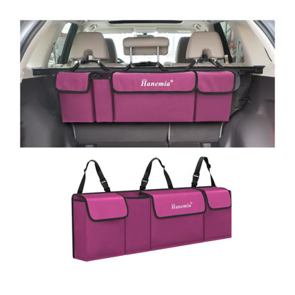 Picture of Hanemia Car Trunk Organizer, Backseat Hanging Storage with 4 Large Pockets, Collapsible Cargo Bag with Adjustable Straps Frees Trunk Floor, Sturdy Space Saving Expert for SUV, Truck, Van (Purple)