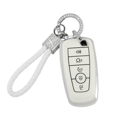 Picture of PIFOOG White Key Fob Cover for Ford Bling Keychain 5 Buttons Keys Case Protector for Ford Explorer Mustang Edge Fusion Escape Expedition F150 TPU White Silver Girly Women