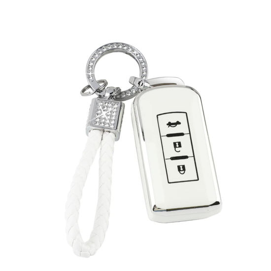 Picture of PIFOOG Key Fob Cover for Mitsubishi Lancer Outlander Mirage Accessories Soft TPU 3 Buttons Smart Keys Case Shell Protector Glitter Keychain Girl Women White Silver