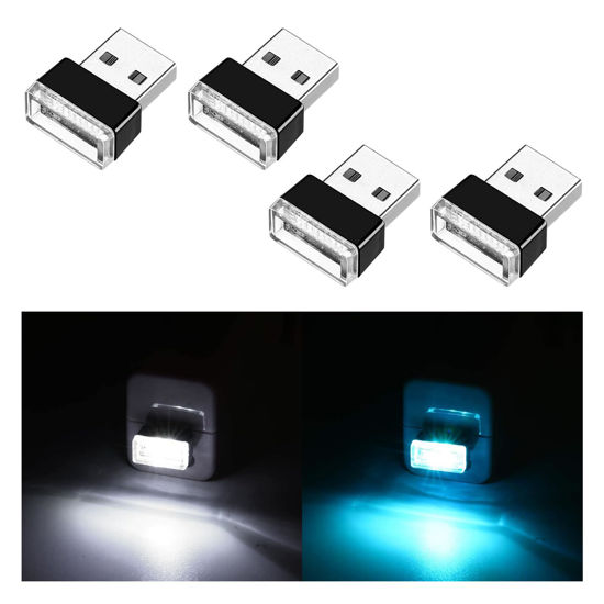 Picture of Ziciner 4 PCS USB LED Car Interior Atmosphere Lamp, Portable Mini LED Night Light, Plug-in USB Interface Trunk Ambient Lighting Kit, Universal Car Interior Accessories (White, Ice Blue)
