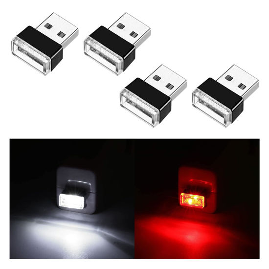 Picture of Ziciner 4 PCS USB LED Car Interior Atmosphere Lamp, Portable Mini LED Night Light, Plug-in USB Interface Trunk Ambient Lighting Kit, Universal Car Interior Accessories (White, Red)