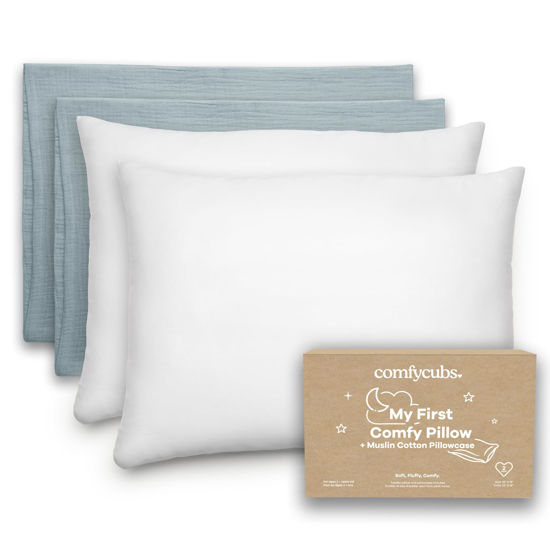 Picture of Comfy Cubs Toddler Pillow with Soft Muslin Pillowcase, 13"x18", Pacific Blue, 2 Pack - Kids Pillow for Sleeping & Travel - Comfortable Small Pillow - Kids Travel Pillow with Breathable Microfiber Fill
