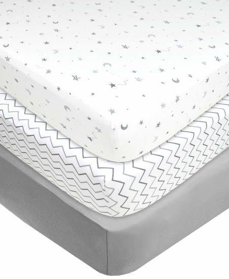 Picture of American Baby Company 3 Pack Fitted Crib Sheets 28" x 52", Soft Breathable Neutral 100% Cotton Jersey Sheet, Grey Star/Zigzag, for Boys and Girls, Fits Crib and Toddler Bed mattresses