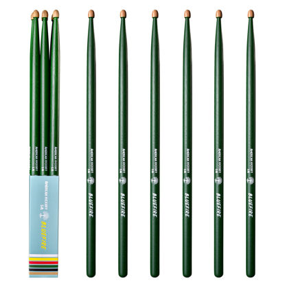 Picture of 5A Drumsticks,Hickory Wood Drumsticks with Acorn Tips, for Acoustic or Electronic Drum,Bluefire Drumstick, Weight Matched, 6 sticks/3 Pairs. Dark green color.
