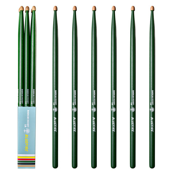 Picture of 5A Drumsticks,Hickory Wood Drumsticks with Acorn Tips, for Acoustic or Electronic Drum,Bluefire Drumstick, Weight Matched, 6 sticks/3 Pairs. Dark green color.