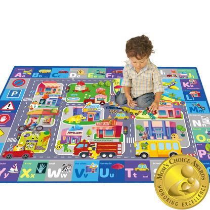 Picture of QUOKKA Floor Large Nursery Rug for Babies - Super Soft ABC Rug for Kids Toddlers & Infants - Extra Thick (0.8cm) Large Padded Non-Slip Car Nursery Rug with City - Foldable Rug for Playroom