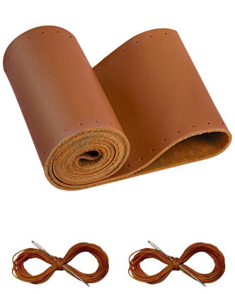 Picture of Belinous Leather Steering Wheel Cover Lace Up, Stitch On Wrap, Universal Fit 13-20 inch Car Truck SUV Pickup Boat, A Whole Piece of Cowhide, DIY Stitch w/Needle Thread (Size L5, Brown)