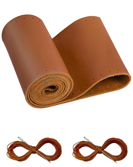Picture of Belinous Leather Steering Wheel Cover Lace Up, Stitch On Wrap, Universal Fit 13-20 inch Car Truck SUV Pickup Boat, A Whole Piece of Cowhide, DIY Stitch w/Needle Thread (Size L5, Brown)