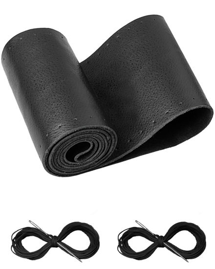 Picture of BELINOUS Leather Steering Wheel Cover Lace Up, Stitch On Wrap, Universal Fit 13-20 inch Car Truck SUV Pickup Boat, A Whole Piece of Cowhide, DIY Stitch w/Needle Thread (Size M5, Black)