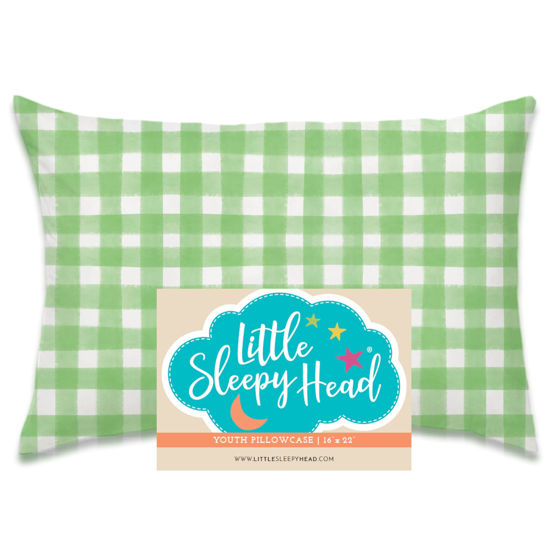 Picture of Little Sleepy Head Youth Pillow Case - 100% Made Cotton & Hypoallergenic Pillow Case - Snug Fit Envelope Pillowcase Enclosure - Youth Pillow 16x22 Size - (Gingham Green) Design Travel Pillow Cover