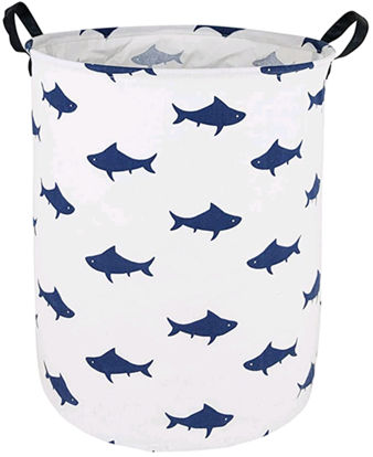 Picture of HUAYEE Round Laundry Basket Waterproof Round Cotton Linen Collapsible Storage bin with Handles for Hamper Kids Room,Toy Storage(navy shark)