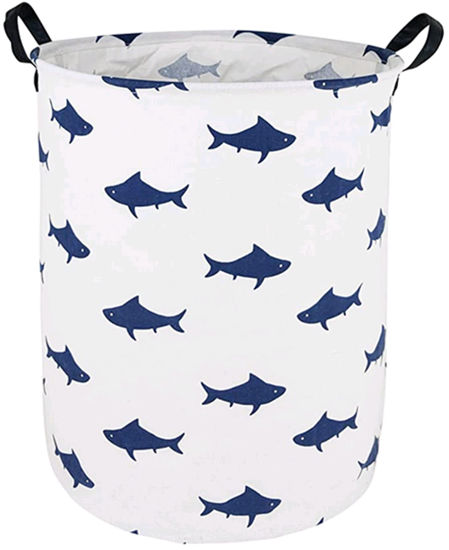 Picture of HUAYEE Round Laundry Basket Waterproof Round Cotton Linen Collapsible Storage bin with Handles for Hamper Kids Room,Toy Storage(navy shark)