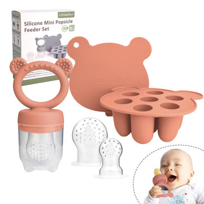 Picture of LittlesJoy Silicone Baby Fruit Feeder & Freezer Tray Set, Silicone Baby Fruit Food Feeder for Safe Infant Self Feeding, BPA Freefor 3 Month+, Additional Silicone Pouches (Muted)