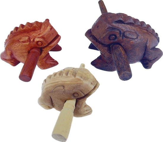 Picture of Guiros Percussion Instruments Wooden Frog wooden frog musical instrument 3 Pieces Set of 4 Inch Frog, 3 Inch Frog, and 2.25-2.75 Inch Frog Home Decor (Dark Brown/Brown/Natural Colors)