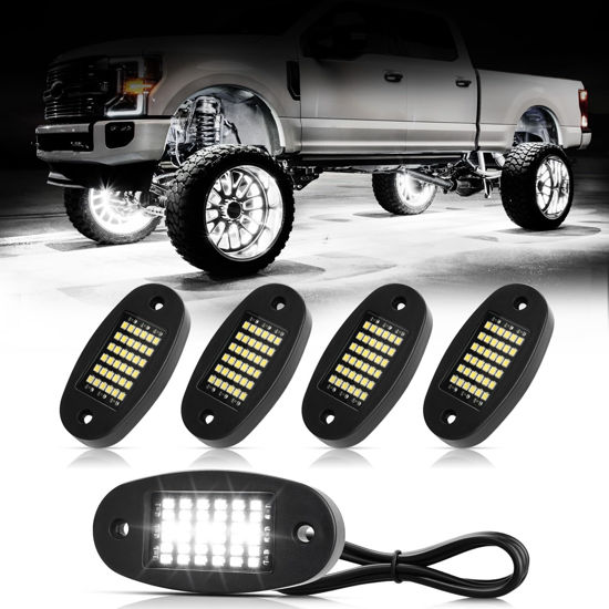 Picture of Hovano 4 Pods White Rock Lights 6000K Pure White 36 LEDs SMD Chips Super Bright Neon Underglow Light IP68 Waterproof for Pickup Trucks SUV UTV ATV RZR Car Boats (White)