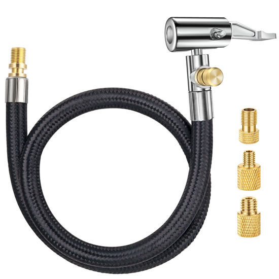 Picture of LUMITECO 20 Inch Tire Inflator Hose Adapter, Car Air Hose Self-Locking Air Chuck w/Tire Schrader Valve Fine Thread & Presta Valve Adapter, Quick Connect & Release for Pump Air Compressor Attachments