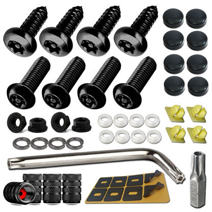 Picture of Aootf Black Anti Theft License Plate Screws- Stainless Steel Rustproof Security Bolts Fasteners for Front Rear Car Tag Mount- M6 (1/4") Locking Hardware, with Matte Caps Inserts Nuts, Rattle Proof Pad