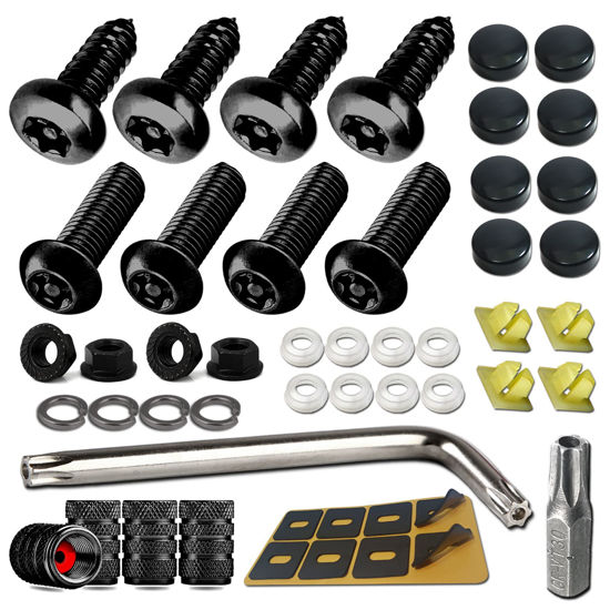 Picture of Aootf Black Anti Theft License Plate Screws- Stainless Steel Rustproof Security Bolts Fasteners for Front Rear Car Tag Mount- M6 (1/4") Locking Hardware, with Matte Caps Inserts Nuts, Rattle Proof Pad
