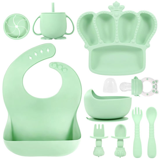 Picture of Silicone Baby Feeding Set, 10 Pcs Baby Led Weaning Supplies Suction Bowl Divided Plate Baby Bibs Fruit feeder Pacifier Baby Spoons Forks Sippy Cup Utensil Sets Baby Essentials for Newborn Gift Green