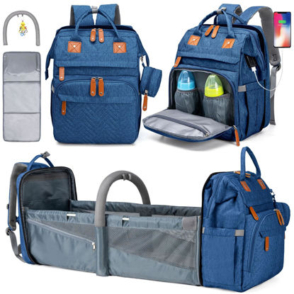 Picture of KABAQOO Diaper Bag Backpack, Large Baby Diaper Bags for Boys Girls, Baby Bag with USB Charging Port, Multifunction Waterproof Travel Back Pack for Moms Dads, Blue