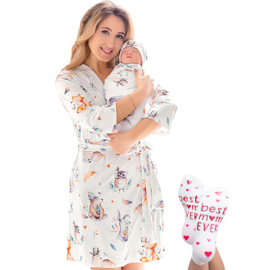 Picture of ECO BABY Mommy and Me Robe and Swaddle Set | Maternity Robe and Matching Baby Set for Girl, Boy | Hospital Labor and Delivery