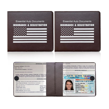 Picture of Ziciner Car Registration Insurance Holder, 2Pack Essential Auto Card Document Glove Box Organizer with Velcro Closure, Vehicle Interior Accessories Perfect for Most Car, Truck, SUV (Brown/White Flag)