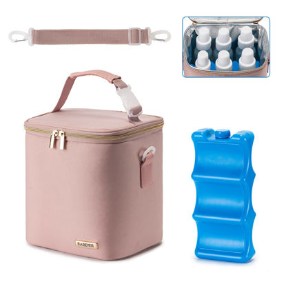 Picture of BABEYER Breast Milk Cooler Bag with Ice Pack Fits 6 Baby Bottles Up to 9 Ounce, Baby Bottle Bag with Shoulder Strap for Nursing Mom Daycare, Pink