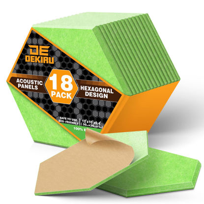 Picture of DEKIRU Self Adhesive Soundproof Foam Panels 18 Pack, 12''X10''X0.4'' Hexagon Acoustic Panels, Easy Install Sound Absorbing Panels for Home Recording Studio, Office, and More (Green)