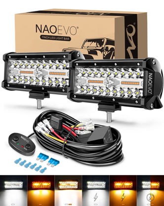Picture of NAOEVO 7 Inch LED Light Bar, White Amber Offroad Fog/Driving Lights LED Pods with Strobe/Memory Function, 2 Leads Wiring Harness Included, LED Work Lights for Truck Boat ATV UTV, 2-Pack (6 Modes)
