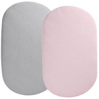 Picture of Muslin Bassinet Sheet Compatible with UPPAbaby Bassinet, 2 Pack Cotton Stylish Boho Fitted Bassinet Sheets for Baby Grey & Pink