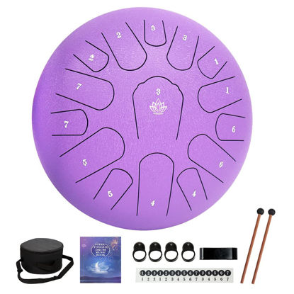 Picture of Rain Drum for Outside Garden,Steel Tongue Drum 12 Inches 15 Notes Musical Instruments, Handpan Drum Percussion Instrument, with Soft Bag, Music Book, 2 Mallets, for Meditation or Yoga (Purple)