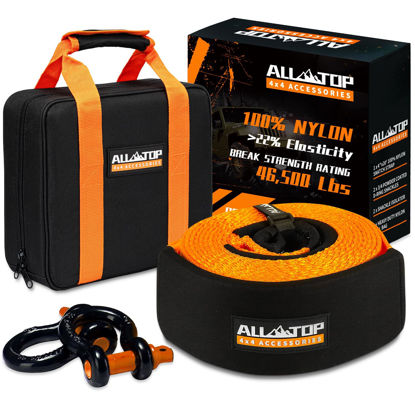 Picture of ALL-TOP Extreme Duty Tow Strap Recovery Kit: 4inch x 20ft (46,500lbs) 100% Nylon and 22% Elongation Snatch Strap + 3/4 Heavy Duty D Ring Shackles (2pcs) + Storage Bag