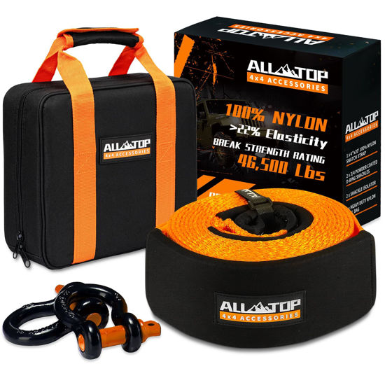 Picture of ALL-TOP Extreme Duty Tow Strap Recovery Kit: 4inch x 20ft (46,500lbs) 100% Nylon and 22% Elongation Snatch Strap + 3/4 Heavy Duty D Ring Shackles (2pcs) + Storage Bag