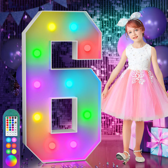Picture of imprsv 4FT Colorful Marquee Light Up Numbers,18 Colors Number 6 with Remote, Light Up Numbers Sign for Sweet 16 60th Birthday Anniversary Party Decor,Pre-Cut Foam Board Kit, Mosaic Numbers for Balloon