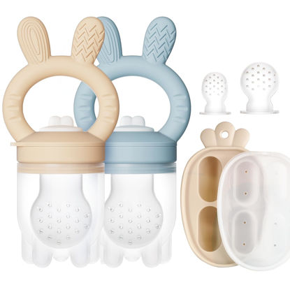 Picture of 2 Packs Baby Fruit Feeder & Freezer Nibble Tray Combo, Push Pop Baby Food Feeder to Safely Introduce New Foods, Fresh & Frozen Food Silicone Feeder, 100% Food Grade, BPA Free (Caramel & Blue)