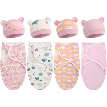 Picture of Buryeah 4 Pack Preemie Swaddle Blanket Wrap Set with Hat for Baby Boys Girls 3-7 Lbs Preemie Newborn Clothes Sleepers Cap (Pink,Boho)