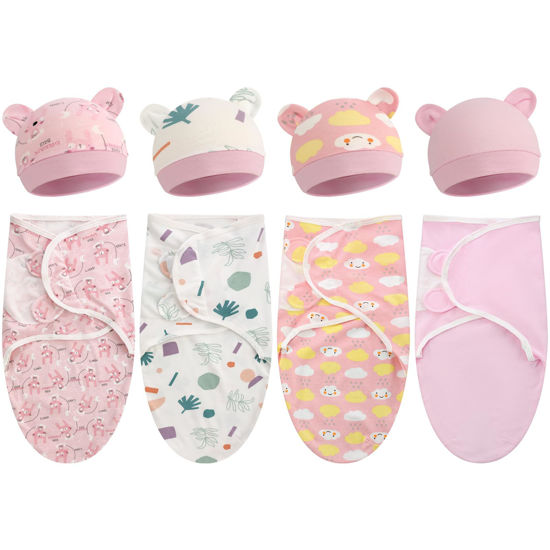 Picture of Buryeah 4 Pack Preemie Swaddle Blanket Wrap Set with Hat for Baby Boys Girls 3-7 Lbs Preemie Newborn Clothes Sleepers Cap (Pink,Boho)