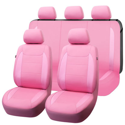 Picture of Flying Banner car seat Covers Protects Water Proof Faux Leather Carbon Fiber Fronts Rear Bench Covers (Pink Pink, Full Set - 8PCS)
