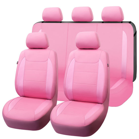 Picture of Flying Banner car seat Covers Protects Water Proof Faux Leather Carbon Fiber Fronts Rear Bench Covers (Pink Pink, Full Set - 8PCS)