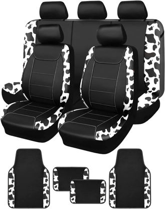 Picture of Flying Banner car seat Covers Protects Water Proof Faux Leather Carbon Fiber Fronts Rear Bench Covers (Cow Black, Full Set - Combo Pack)