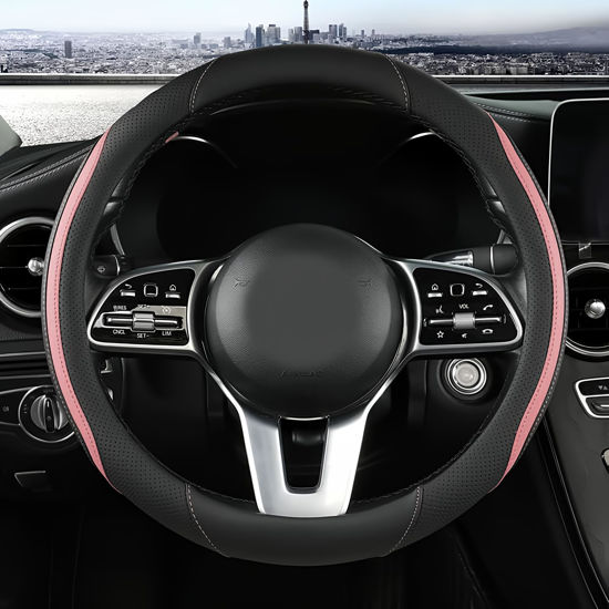 Picture of Car Steering Wheel Cover, Leather Steering Wheel Cover Pink Universal 14.5-15 Inch Microfiber Leather Anti-Slip Breathable Auto Steering Wheel Covers for Men Women (Black&Pink)
