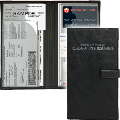 Picture of Auto Insurance and Registration Card Holder - Vehicle Glove Box Document Organizer - Car Essential Paperwork Holder for DMV, AAA, Contact Information Cards - Premium PU Leather Wallet Case - Black