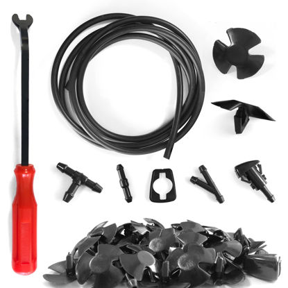 Picture of Windshield Washer Hose Kit, 2M Washer Fluid Hose+3 Pcs Hose Connectors+4 Fan Nozzles+4 Rubber Gaskets +30 Pcs Cap Heat Insulation Clips, Connect Car Water Pump and Nozzles, Suitable for Most Car