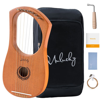 Picture of Lyre Harp Mulucky 7 Metal Lyre Steel String Bone Saddle Mahogany Lyre Instrument with Tuning Wrench and Black Gig Bag - MLH701