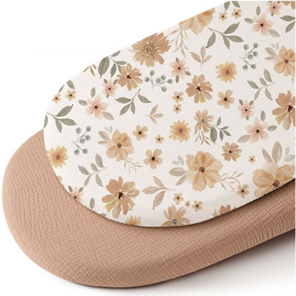 Picture of Konssy 2 Pack Muslin Fitted Bassinet Sheets for Baby Girl Boy, Soft Breathable Baby Bassinet Sheets Fit for Baby Bassinets, Cradle, Moses Basket Oval Rectangle Pad/Mattress (Peach,Floral)