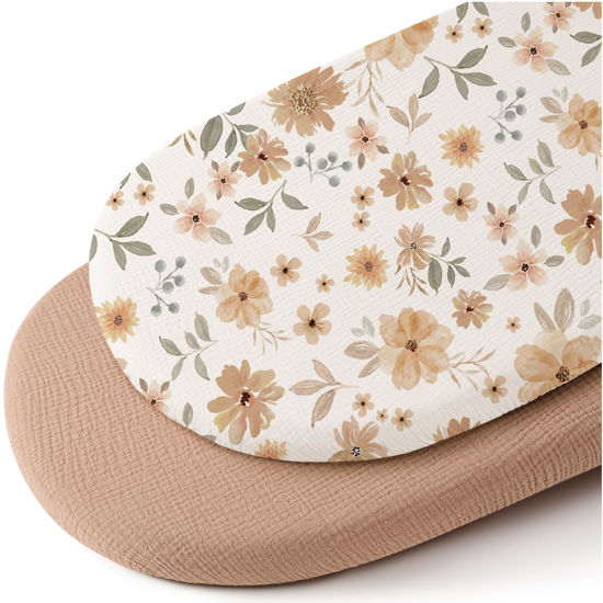 Picture of Konssy 2 Pack Muslin Fitted Bassinet Sheets for Baby Girl Boy, Soft Breathable Baby Bassinet Sheets Fit for Baby Bassinets, Cradle, Moses Basket Oval Rectangle Pad/Mattress (Peach,Floral)